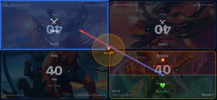 Four players' life totals, commander art and damage during a live TurnZero game