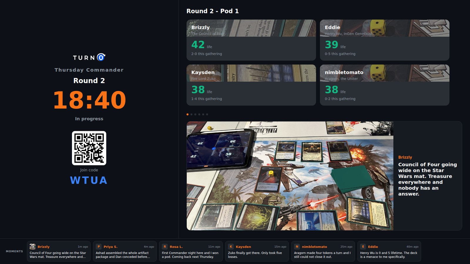 TurnZero's wall display showing a live Commander pod's life totals, the round clock, the join QR code, and the event's moments